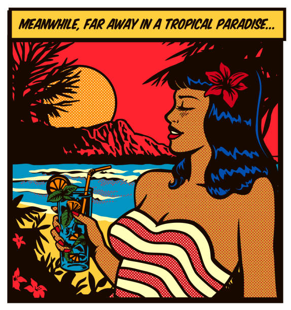 pop-art-comic-buch-stil frau im badeanzug entspannend und trinken mojito, genießen sommerurlaub in einem tropischen paradies strand vektor illustration - women hawaii islands beach beauty in nature stock-grafiken, -clipart, -cartoons und -symbole