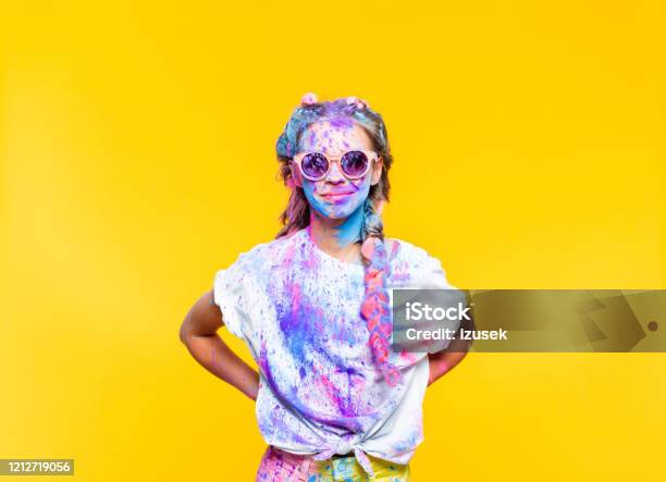 Cheerful Teenage Girl Covered In Holi Powder Stock Photo - Download Image Now - Colors, Holi, Paint