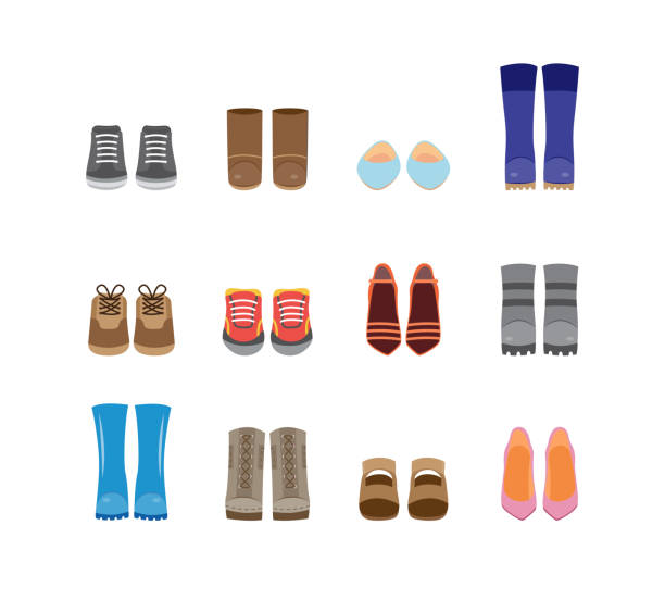 Set of cartoon fashion boots and shoes icons, flat vector illustration isolated. Set of cartoon fashion boots and shoes icons, flat vector illustration isolated on white background. Walking casual and festive footwear symbols collection. pair stock illustrations