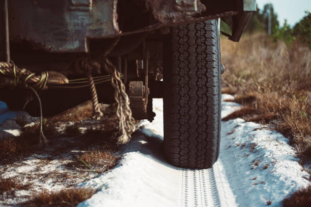 tyre wheel track on dirt sand or mud at outdoor,off road track,close up - mud road tire track footpath imagens e fotografias de stock