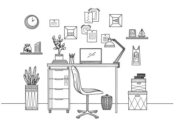 Vector illustration of Sketch the room. Office chair, desk, various objects on the table. Sketch workspace. Vector illustration