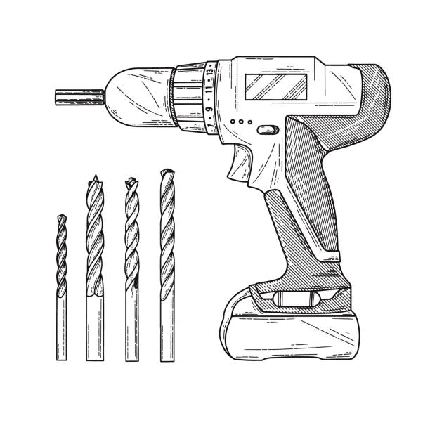 эскиз screwdrivers с дрелью изолированы на белом фоне. иллюстрация вектора - white background isolated on white industrial equipment hand tool stock illustrations