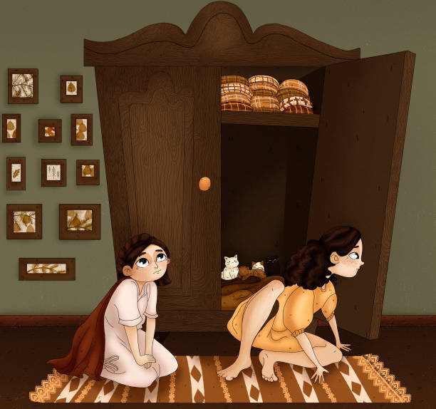 istock A sweet story of two sisters and kittens. Illustration. 1212722773