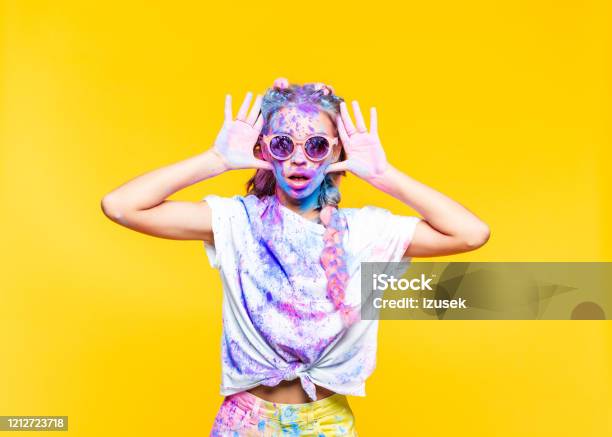 Shocked Teenage Girl Celebrating Holi Festival Stock Photo - Download Image Now - Humor, Paint, Party - Social Event