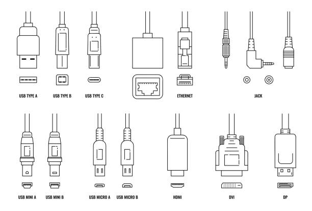 USB, HDMI, ethernet and other cable and port icon set with plugs USB, HDMI, ethernet and other cable and port icon set isolated on white background. Line icons of connection plugs and sockets - flat vector illustration. network connection plug illustrations stock illustrations