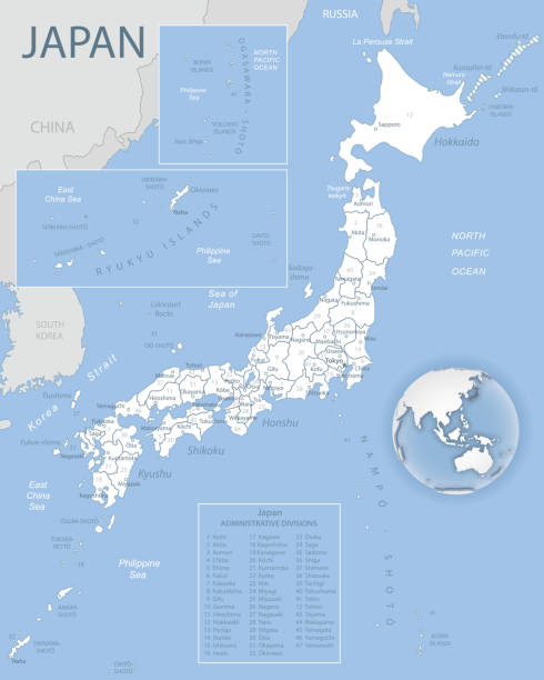 istock Blue-gray detailed map of Japan with administrative districts and location on the globe. 1212725598
