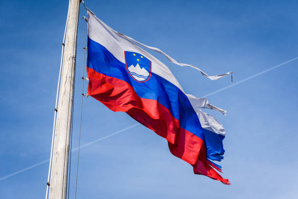 istock Torn and worn out Slovenian flag waving in the wind. 1212726431