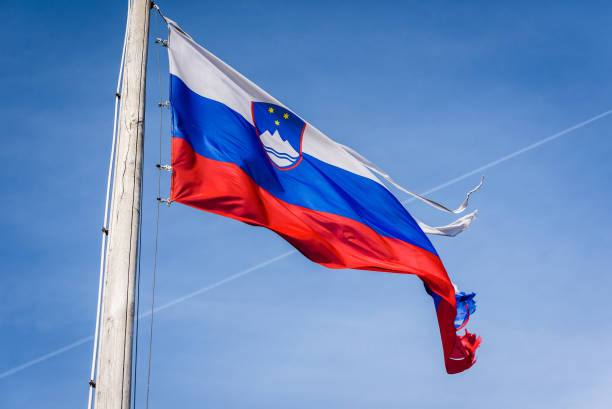 istock Torn and worn out Slovenian flag waving in the wind. 1212726448