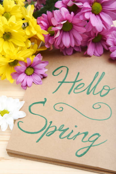 istock Chrysanthemum flowers with text Hello Spring on brown wooden table 1212729266