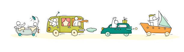 ilustraciones, imágenes clip art, dibujos animados e iconos de stock de sketch set con coches lindos y personas - car child teamwork sports race