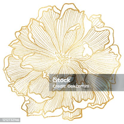 istock Hand Drawn Gold Foil Peony Flower Background. Elegant design element for greeting cards (birthday, valentine's day), wedding and engagement invitation card template. 1212732146