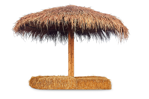 Tiki hut sun umbrella, Bar beach hut with straw chair isolated on white background