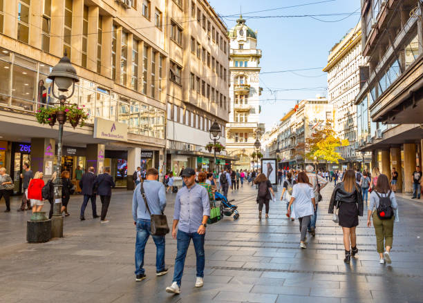 Serbia. Knez Mihailova Street, a main shopping mile of Belgrade. This pic shows the main Knez Mihailova Street, a main shopping mile of Belgrade. People walking on the street and shopping stores can be seen in the pic. The pic is taken in day time in october 2019 in belgrade. knez mihailova stock pictures, royalty-free photos & images