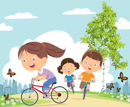 Vector happy kids riding bicycles in the park