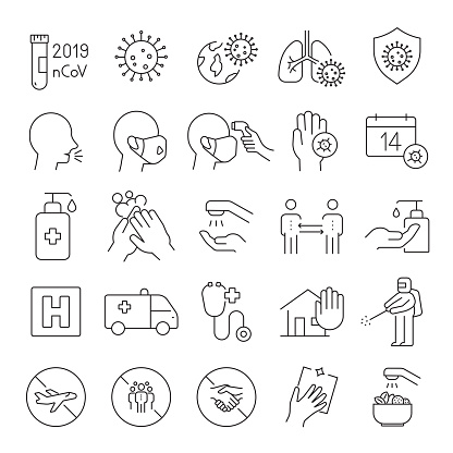 Set of Coronavirus 2019-nCoV Related Line Icons. Editable Stroke. Simple Outline Icons.