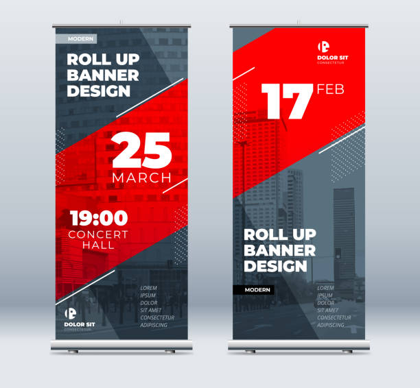 Red Business Roll Up Banner. Abstract Roll up background for Presentation. Vertical roll up, x-stand, exhibition display, Retractable banner stand or flag design layout for conference, forum. Red Business Roll Up Banner. Abstract Roll up background for Presentation. Vertical roll up, x-stand, exhibition display, Retractable banner stand or flag design layout for conference, forum retractable stock illustrations