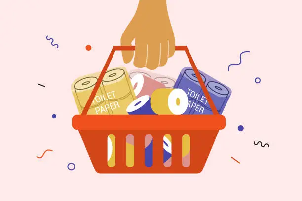 Vector illustration of Panic in supermarket and basket full of toilet paper