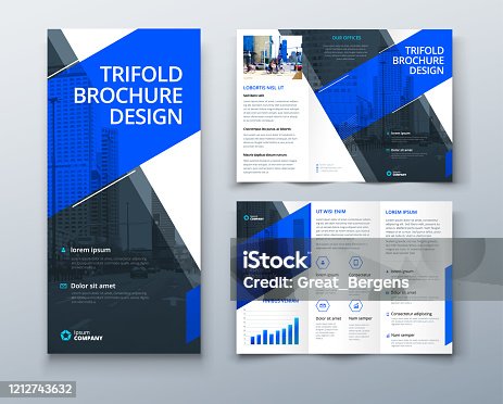 istock Tri fold brochure design with line shapes, corporate business template for tri fold flyer. Creative concept folded flyer or brochure. 1212743632