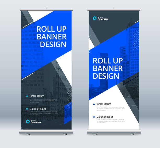 Blue Business Roll Up Banner. Abstract Roll up background for Presentation. Vertical roll up, x-stand, exhibition display, Retractable banner stand or flag design layout for conference, forum. Blue Business Roll Up Banner. Abstract Roll up background for Presentation. Vertical roll up, x-stand, exhibition display, Retractable banner stand or flag design layout for conference, forum retractable stock illustrations