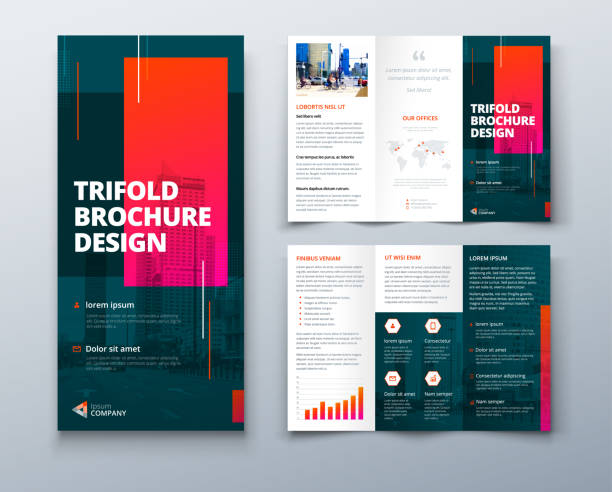 Tri fold brochure design with line shapes, corporate business template for tri fold flyer. Creative concept folded flyer or brochure. Tri fold brochure design with square shapes, corporate business template for tri fold flyer. Creative concept folded flyer or brochure brochure template stock illustrations