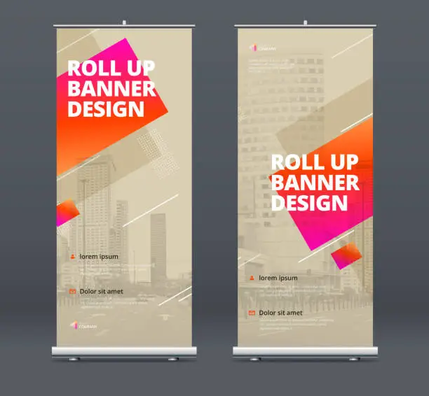 Vector illustration of Biege Business Roll Up Banner. Abstract Roll up background for Presentation. Vertical roll up, x-stand, exhibition display, Retractable banner stand or flag design layout for conference, forum.