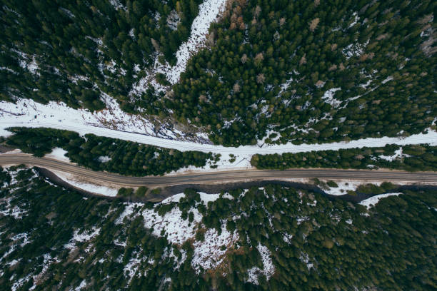 istock road in snow covered forest, top down aerial view 1212746866