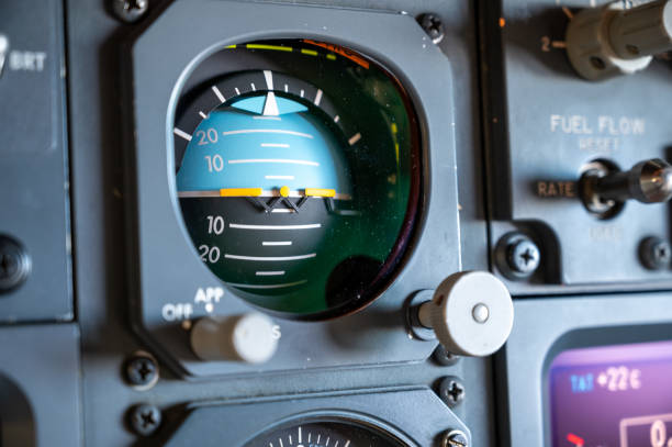 Standby attitude indicator / artifiical horizon Standby attitude indicator or artificial horizon on the flight deck of a commercial transport aircraft.  This is a backup instrument to the pilots main display flight instruments stock pictures, royalty-free photos & images