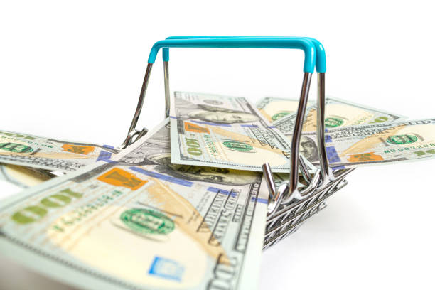 istock a basket with blue inserts is inserted into the wrapped one hundred dollar bills on a white background. isolate 1212748230