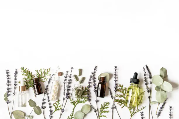 Homeopathy eco alternative medicine concept - classical homeopathy pills, thuja, eucalyptus, lavender essential and aroma oil and healing herbs and on white background. Flatlay. Top view. Copyspace