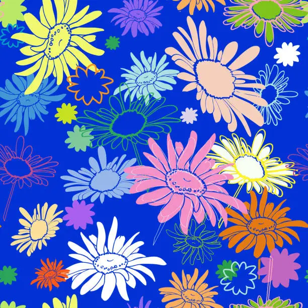 Vector illustration of Seamless multi-colored flowers on a blue background, with varying degrees of drawing drawn