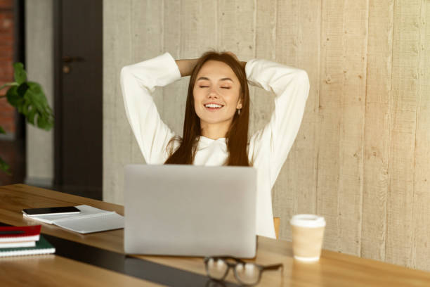 istock Break during work. Freelance girl closed eyes 1212748773