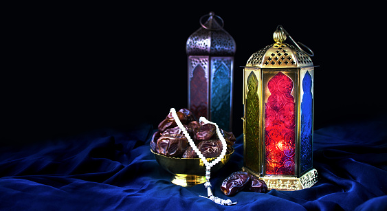 Ramadan Kareem Background, new colorful ramadan mubarak isolated with black background arabic light lamp with dates and tasbeeh
