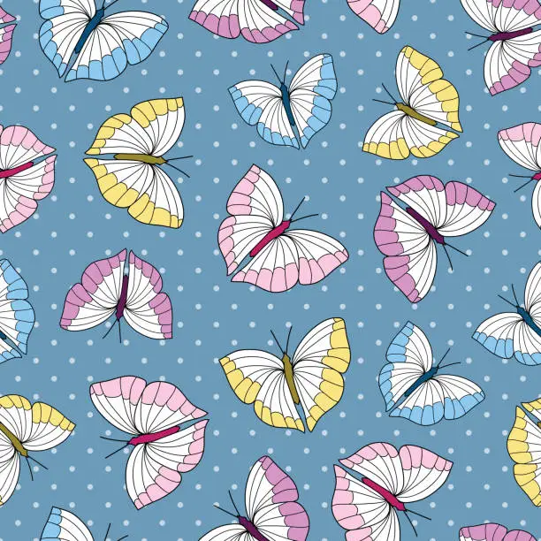 Vector illustration of Colorful butterfly seamless pattern on blue polka dots background
