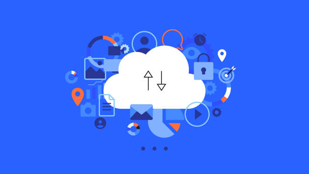 Conceptual flat vector illustration for cloud hosting. Conceptual flat vector illustration for cloud hosting. Moution animation ready cloud concept. Simple and clean blue vector background. cloud storage stock illustrations