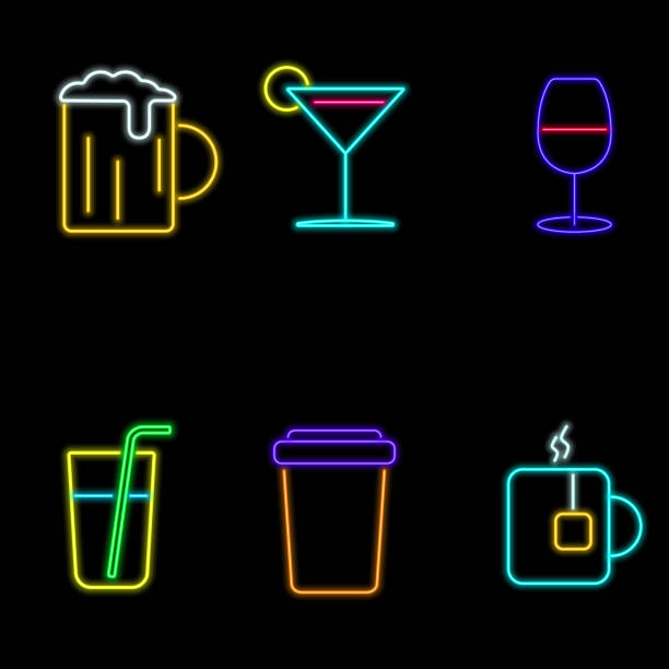 illustrazioni stock, clip art, cartoni animati e icone di tendenza di vector neon flat design set di diverse bevande simbolo, come birra, vino, caffè e più illustrazione isolata - beer backgrounds nobody bright