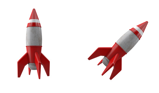 Cohete de dibujos animados 3D o despegue de naves espaciales sobre fondo blanco photo