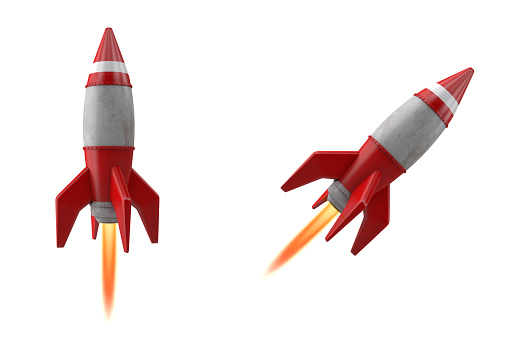 Cohete de dibujos animados 3D o despegue de naves espaciales sobre fondo blanco photo