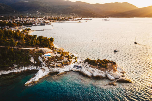istock Sunset over Thassos Island, Greece with Karnagio Beach visible 1212754294