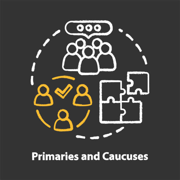 ilustraciones, imágenes clip art, dibujos animados e iconos de stock de icono de concepto de tiza de elecciones. principales y caucus idea del día de la votación. elecciones oficiales, gubernamentales y voto de partidario organizado. evento nacional. ilustración de pizarra aislada vectorial - voting doodle republican party democratic party