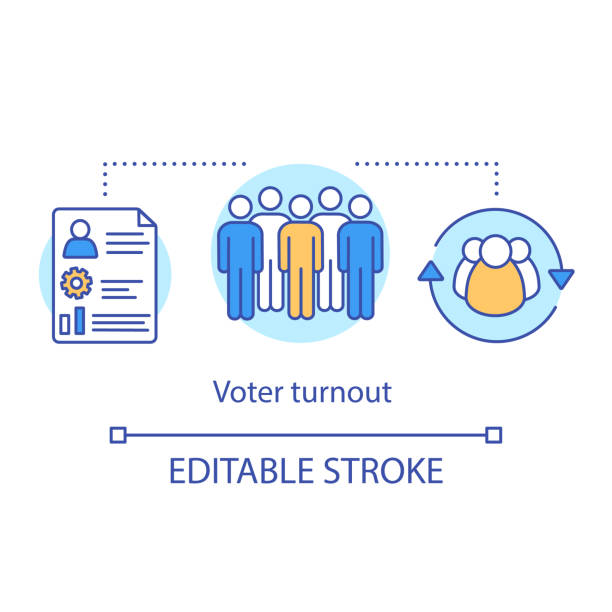 ilustrações, clipart, desenhos animados e ícones de ícone do conceito de participação eleitoral. eleições idéia de fina ilustração de linha. percentual de população votante elegível. números gerais do eleitorado. desenho de contorno isolado vetorial. traçado editável - attending