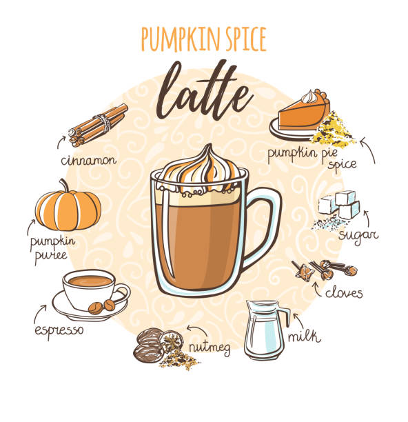 ilustracja wektorowa z miękkim gorącym napojem latte z przyprawami dyni. - pumpkin latté coffee spice stock illustrations