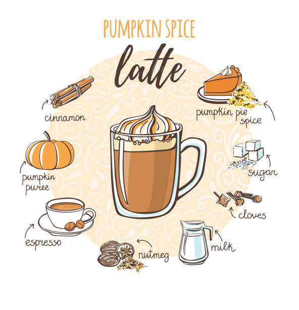 ilustrações de stock, clip art, desenhos animados e ícones de vector illustration with soft hot drink pumpkin spice latte. - latté pumpkin spice coffee