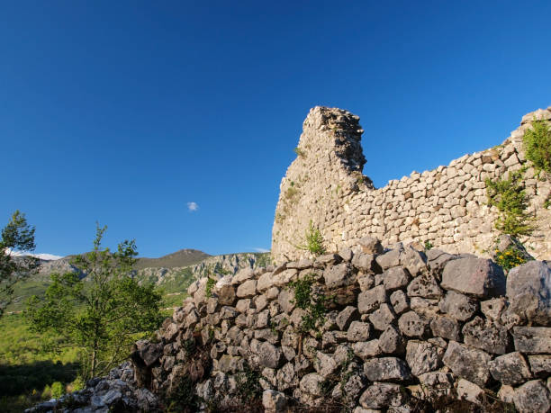 Looking up to ruined medieval fortification near Crikvenica, Adriatic coastline, Croatia.