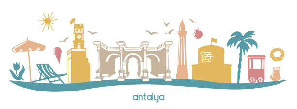 Modern flat illustration Antalya, Turkey with hand drawn doodle turkish symbols in pastel colors. Modern flat illustration Antalya, Turkey with hand drawn doodle turkish symbols in pastel colors. Horizontal panoramic scene for poster, card, flier, banner or print design. Simple minimalistic style sesame bagel stock illustrations