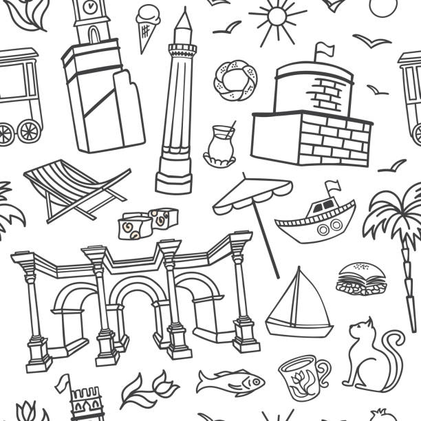 Antalya, Turkey. Vector seamless pattern with black hand drawn doodles on white background. Antalya, Turkey. Vector seamless pattern with black hand drawn doodles on white background. Modern clear line design for touristic print, backdrop, background, wrapping paper design. baklava stock illustrations