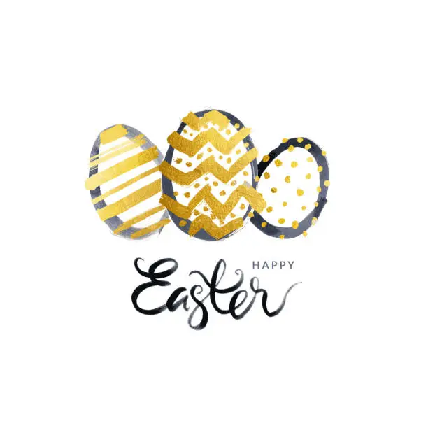 Vector illustration of Simple Easter greeting card with three Easter Eggs in the middle and handwritten text under - vector illustration in black and gold colors isolated on white paper background with messy and uneven dots pots lines and zig zags