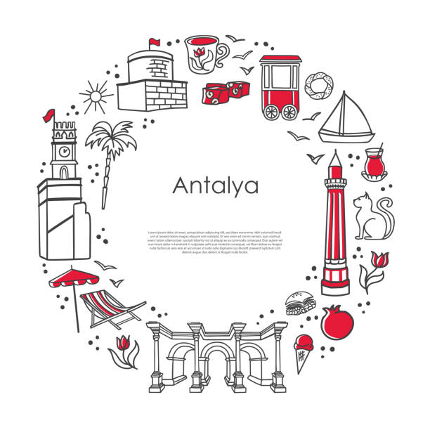 ilustrações de stock, clip art, desenhos animados e ícones de modern vector illustration antalya, turkey. famous turkish landmarks and symbols in the round composition on white background. - província de antália