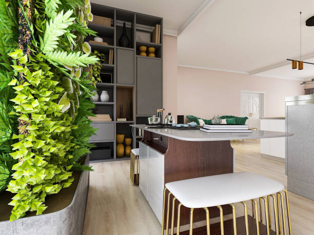 istock 3D rendering, interior living room reception room with bookcase, large floor-to-ceiling windows and table 1212759165