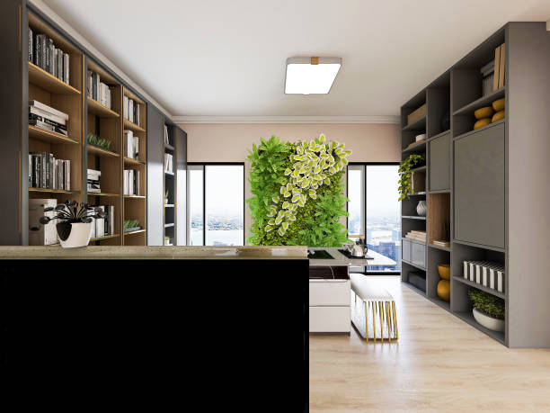 istock 3D rendering, interior living room reception room with bookcase, large floor-to-ceiling windows and table 1212759166
