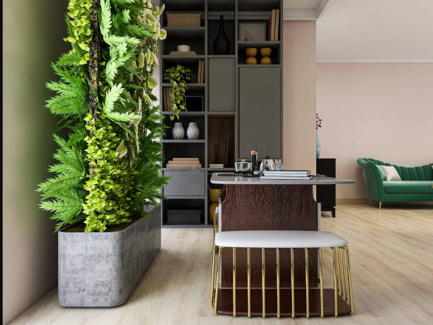 istock 3D rendering, interior living room reception room with bookcase, large floor-to-ceiling windows and table 1212759168